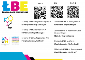 Plakat ŁBE informujący o targach edukacyjnych.