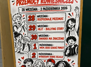 Obrazek przedstawia harmonogram tematów na każdy dzień tygodnia przeciwdziałania przemocy rówieśniczej.