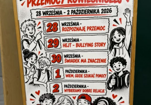 Obrazek przedstawia harmonogram tematów na każdy dzień tygodnia przeciwdziałania przemocy rówieśniczej.