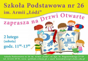 Plakat z informacją o Drzwiach Otwartch. Na plakacie dzieci oglądające książkę.